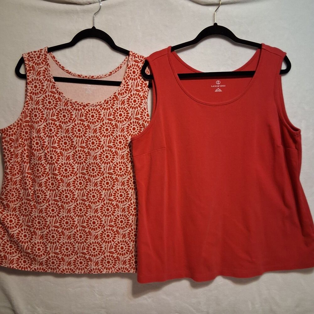 Lands End 1X Tank Top Loat Of 2 Pink And Print Cotton Scoop Neck Casual Basics